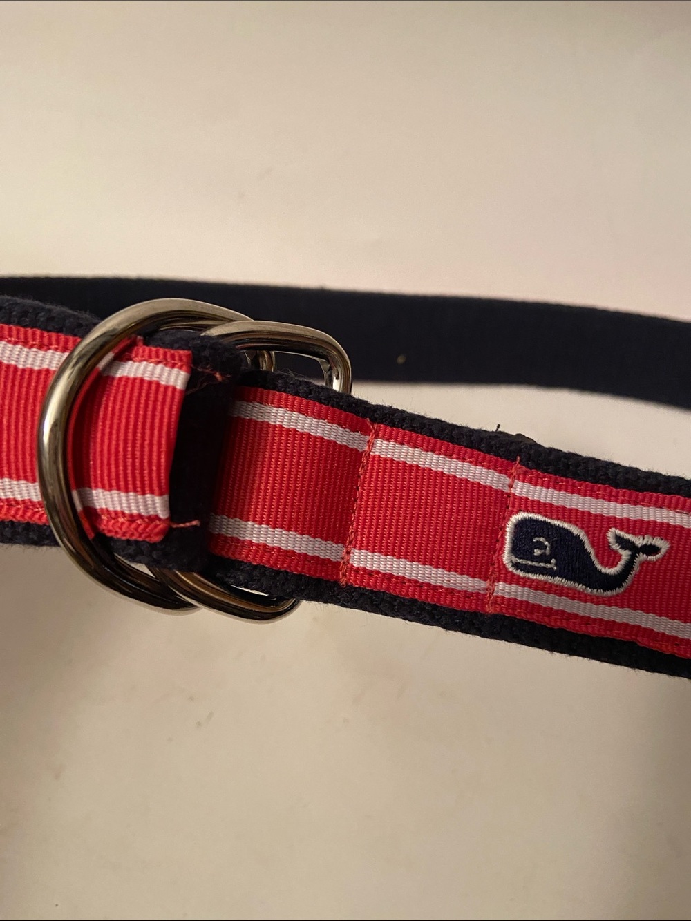 Vineyard Vines Red and Navy Canvas Striped D-Ring Belt sz L